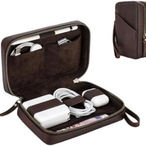 Full Grain Leather Electronics Accessories Storage Box Travel Cable Organizer Pouch, Charger Roll Up Case with Zippers Leather Tech Organizer for Power Bank, USB, Cables, Travel Essentials